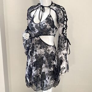 Dolls Kill Brand Current Mood Black & White Lace Long Sleeve Mini Dress w Cutout